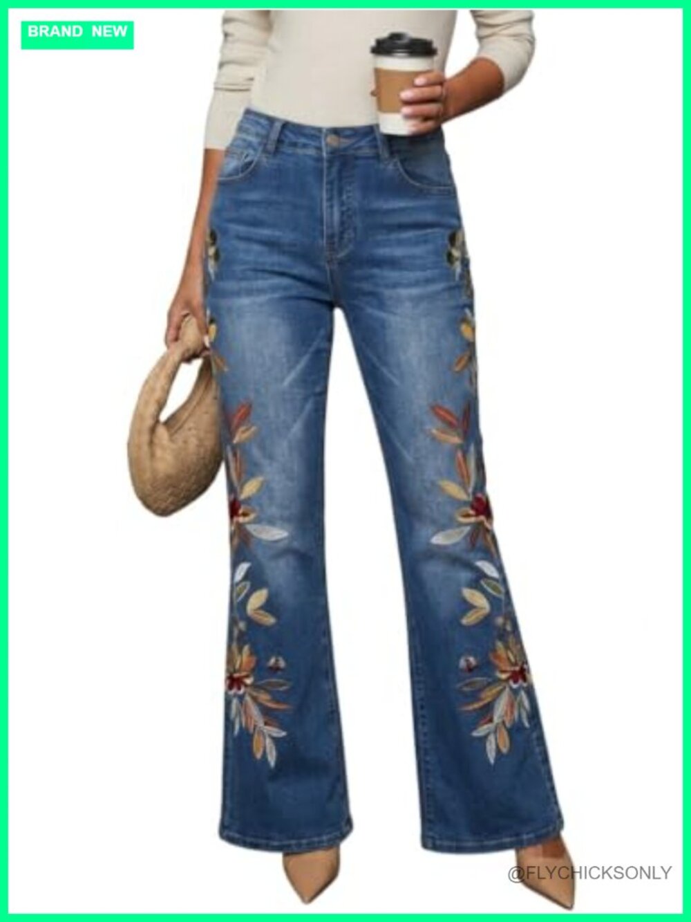 Embroidered Flare Jeans High Waisted Boho Bell Bottom Denim Pants